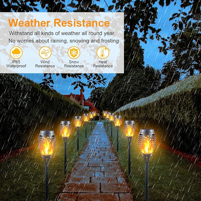 12-Pack Solar Torch Lights with Flickering Flame - 12LED Mini Fire Effect Solar-Powered Tiki Torches, Waterproof Outdoor Lighting with Auto On/Off, Perfect for Garden, Patio & Pathway Decor-BloomoryGarden