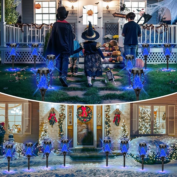 12 Pack Solar Torch Lights Outdoor Waterproof - Blue Flickering Flame, Outdoor Solar Garden Lights for Yard, Tiki Torches for Outside Patio Pathway Decorations-BloomoryGarden