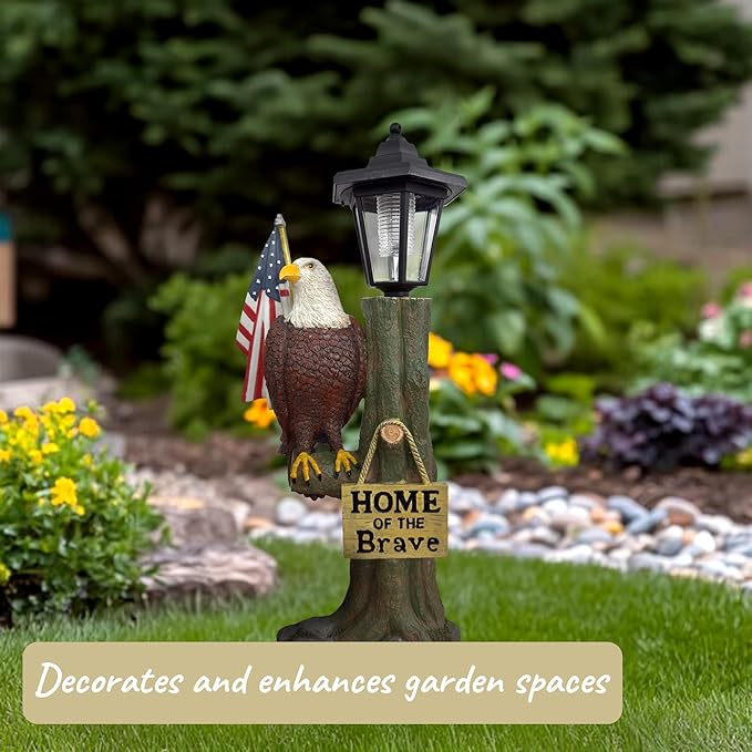 14x6 Inch Eagle Outdoor Solar Statue, Home of The Brave Outdoor Decorative Sculpture, Garden Decoration Outdoor Waterproof, Eagle Statue with American Flag for Patios, Yards, and Gardens-BloomoryGarden
