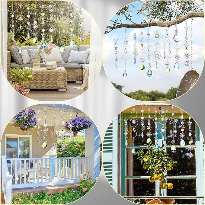 Maitys 9 Pcs 6 Pcs Crystal Suncatcher Sun Catchers Indoor Window Hanging Sun Catchers with Light Catcher with Prisms and Agate Slices for Indoor Outdoor Home Garden Wedding Decor (Elegant)-BloomoryGarden