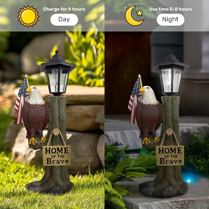 14x6 Inch Eagle Outdoor Solar Statue, Home of The Brave Outdoor Decorative Sculpture, Garden Decoration Outdoor Waterproof, Eagle Statue with American Flag for Patios, Yards, and Gardens-BloomoryGarden
