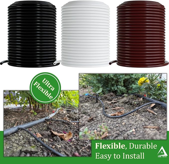 1/4 Drip Irrigation Tubing, 50 Feet, Flexible PVC Plastic Drip Irrigation Hose for Gardening, Misting, Hydroponics and DIY Landscape Garden Projects, Blank Distribution Tubing (50ft, Brown)