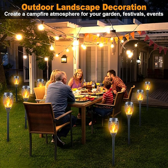 12-Pack Solar Torch Lights with Flickering Flame - 12LED Mini Fire Effect Solar-Powered Tiki Torches, Waterproof Outdoor Lighting with Auto On/Off, Perfect for Garden, Patio & Pathway Decor-BloomoryGarden