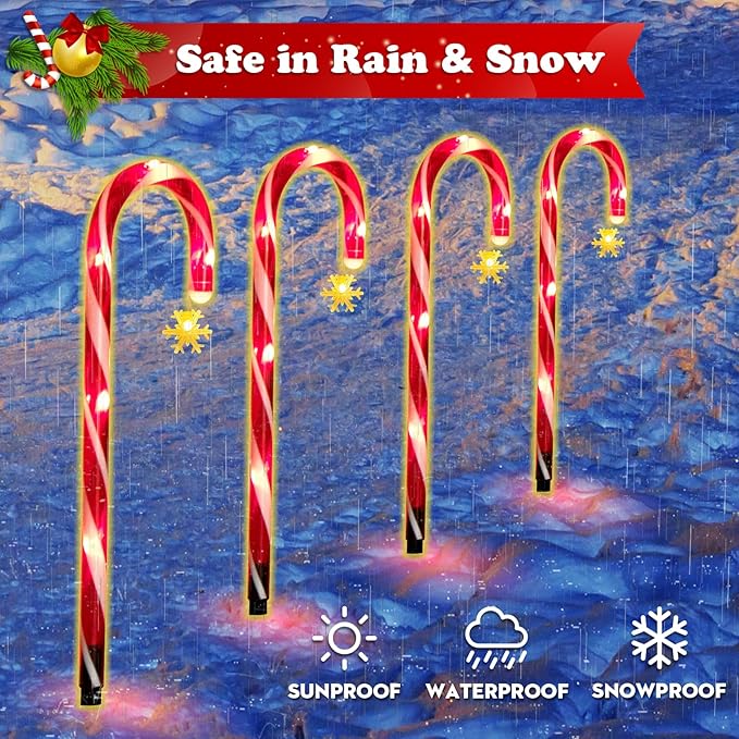12Pack Christmas Candy Cane Lights Outdoor Decorations Solar Pathway Lights with Snowflake for Yard Waterproof Street Driveway Markers Lawn Walkway Garden Indoor Decor 2in1 Solar Powered-BloomoryGarden