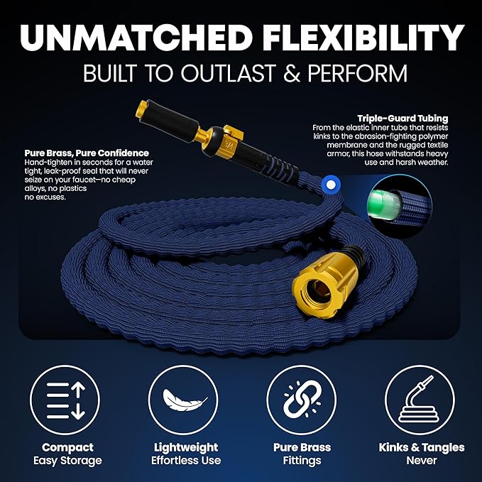 TITAN Flexible Garden Hose 10FT – Ultra Lightweight, Heavy Duty Water Hose with Brass Fittings & Jet Nozzle – Kink-Free, Non-Expanding, Durable Fabric Hose for Yard, Lawn, Car Wash, Outdoor Use-BloomoryGarden
