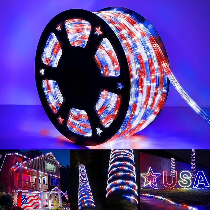 100ft LED Rope Lights Outdoor, 720 LED Connectable & Flexible Tube Lights with 8 Modes, Waterproof LED Rope Lighting for Independence Flag Day, Memorial Day, Outdoor,Indoor Decor (Red & White & Blue)-BloomoryGarden