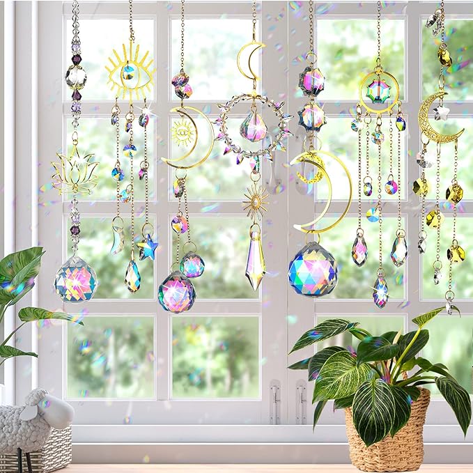 Maitys 7 Pcs Crystal Suncatcher for Window Hanging Sun Catchers with Crystal and Agate Crystal Prisms Decor for Indoor Outdoor Home Party Wedding Decor Hanging Crystals for Decoration (Exquisite)-BloomoryGarden