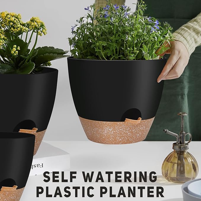 12" 10" 9" Large Self Watering Plant Pots, 3 Pack Flower Pots Planters with Multi Mesh Drainage Holes for Indoor Outdoor Garden Plants and Flowers (Black)-BloomoryGarden