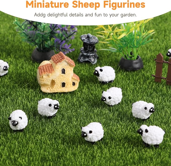 100Pcs Mini White Sheep Figurines, Miniature Resin Sheep Figurines, Mini Cute Resin White Sheep Ornaments, Little Outdoor Moss Landscape Figurines, Tiny Fairy Garden Animal Cake Toppers-BloomoryGarden