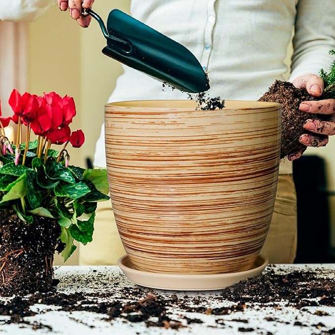12 Inch Planter Pot Ceramic Plant Pots for Plants with Drainage Hole and Saucer Large Flower Pot for Home Patio Garden Office Yellow-BloomoryGarden