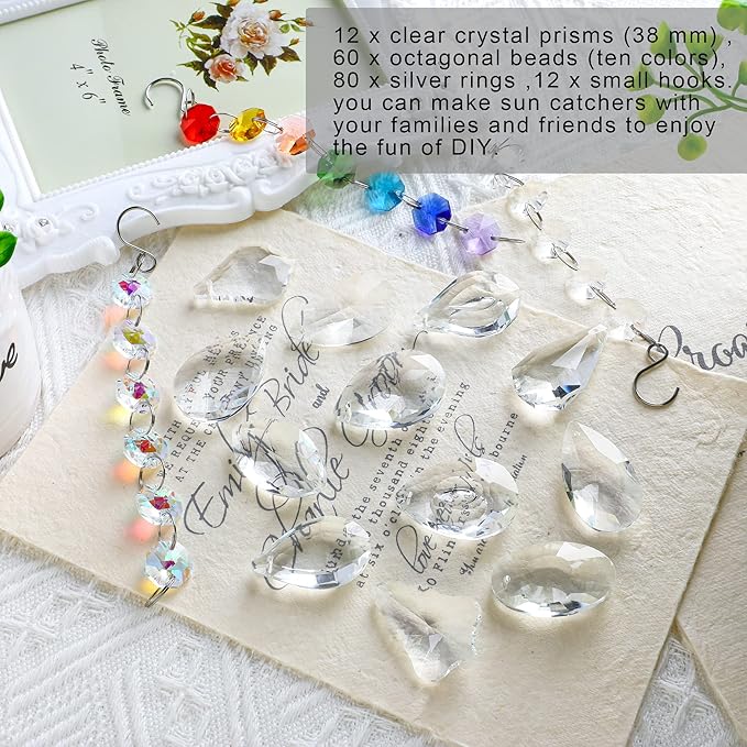 12Pcs Clear Crystal Suncatchers Prisms DIY Kit,Glass Suncatchers Hanging Crystals Ornament,Sun Catcher with Glass Beads,Prisms Rainbow Pendant for Window Home Office Garden Decoration-BloomoryGarden