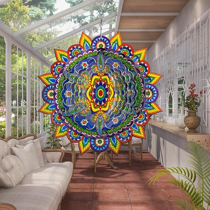 Mandala Wind Spinners, 3D Metal Wind Spinners Outdoor for Yard and Garden,12inch Stainless Steel Hanging Wind Spinners, Kinetic Yard Art Garden Decor Ornament Gifts-BloomoryGarden