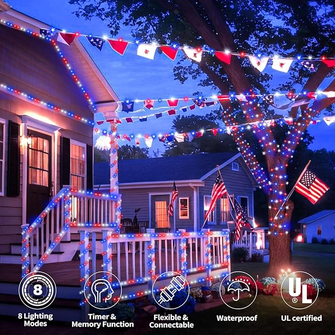 100ft LED Rope Lights Outdoor, 720 LED Connectable & Flexible Tube Lights with 8 Modes, Waterproof LED Rope Lighting for Independence Flag Day, Memorial Day, Outdoor,Indoor Decor (Red & White & Blue)-BloomoryGarden