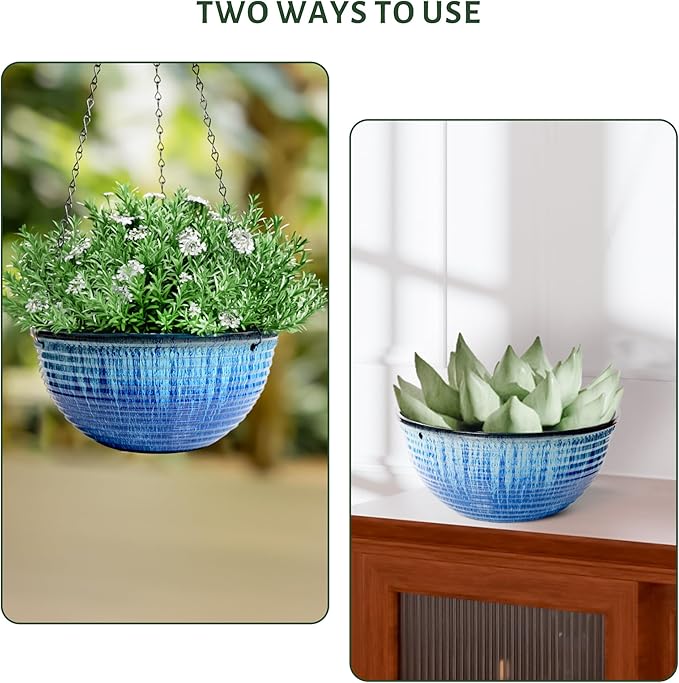 10in Hanging Planters for Indoor and Outdoor Plants, 2 Pack Hanging Planter with Drainage Hole, Round Hanging Flower Pots for Garden Home Decor (Blue Glaze)-BloomoryGarden