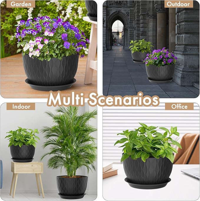 12 Inch Large Plant Pots for Indoor or Outdoor Plants, Wide Water Ripples Flower Pots with Drainage Holes & Saucer, Plastic Planters Set for Garden & Home Decor (Black)-BloomoryGarden