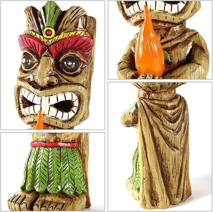 13" Tall Solar Torch Tiki Garden Statue, Resin Large Tiki Decor Figurine with Solar Lights, Hawaiian Tiki Man, Outdoor Patio Yard Lawn Bar Party Beach Pool Pond Decoration, Valentine's Day Gift-BloomoryGarden