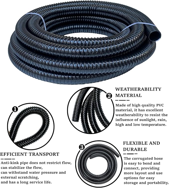 1 1/2 Inch Pond Sump Pump Discharge Hose Corrugated Water Hose Black PVC Strong Flexible Tubing 10Ft-BloomoryGarden