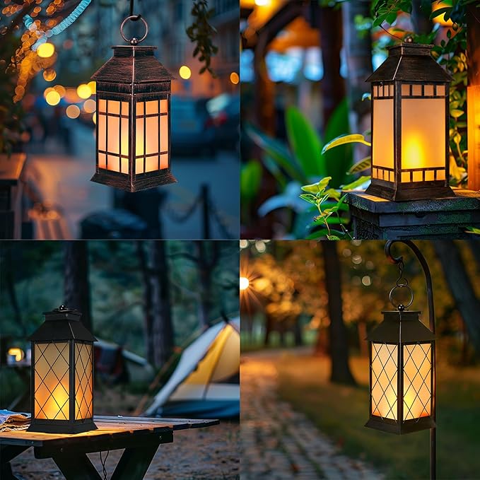 18'' Glass Solar Lantern Outdoor Waterproof, Large Hanging Solar Lanterns with Flickering Flame Lights, Metal Outdoor Lantern Decorative for Patio Garden Backyard Tabletop, Vintage Bronze-BloomoryGarden