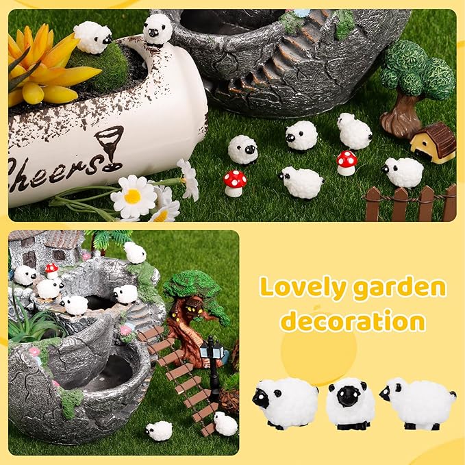 100Pcs Mini White Sheep Miniature Resin Sheep Figurines Cute Little Figurines Fairy Outdoor Moss Ornaments Landscape Figurines Garden DIY Ornament Accessories for Indoor Outdoor-BloomoryGarden