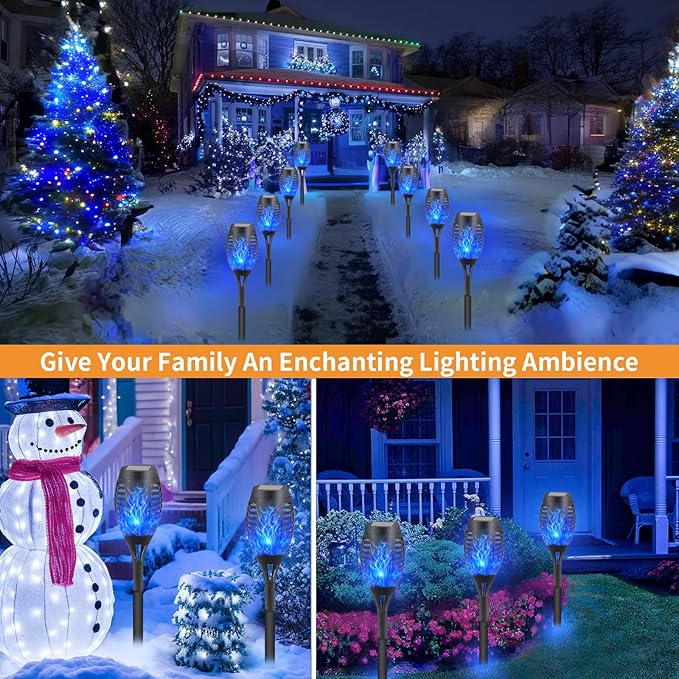 12-Pack Blue Solar Flickering Flame Torches – Waterproof Solar Garden Lights, Outdoor Solar Lights for Yards, and Flame Torches for Patio and Pathway Decorations-BloomoryGarden
