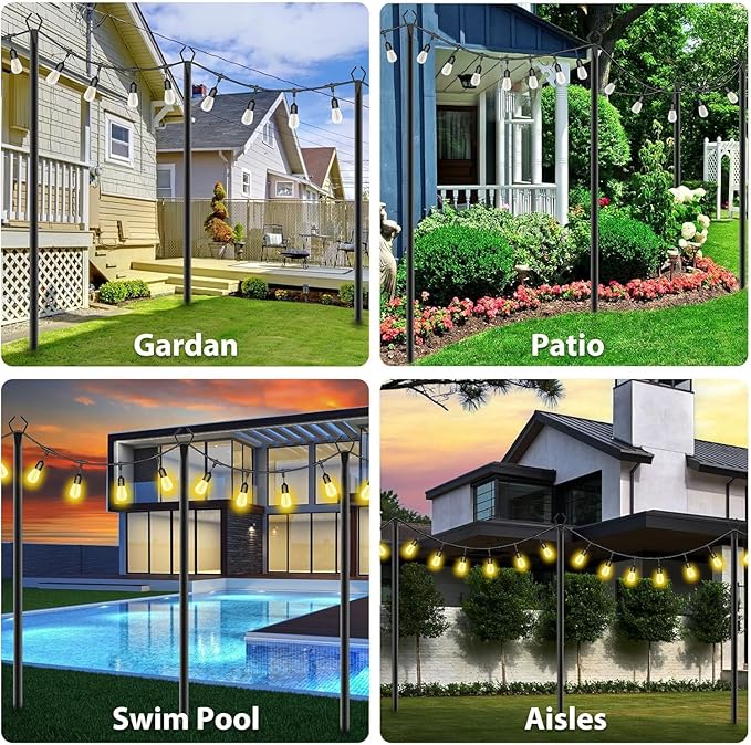 10Ft String Light Poles 2 Pack,Light Poles for Outside Lights,Outdoor with Fence Brackets Hanging Lights,Metal Stand Deck Patio Backyard-BloomoryGarden