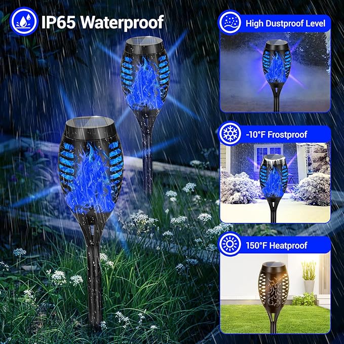 12 Pack Solar Torch Lights Outdoor Waterproof - Blue Flickering Flame, Outdoor Solar Garden Lights for Yard, Tiki Torches for Outside Patio Pathway Decorations-BloomoryGarden