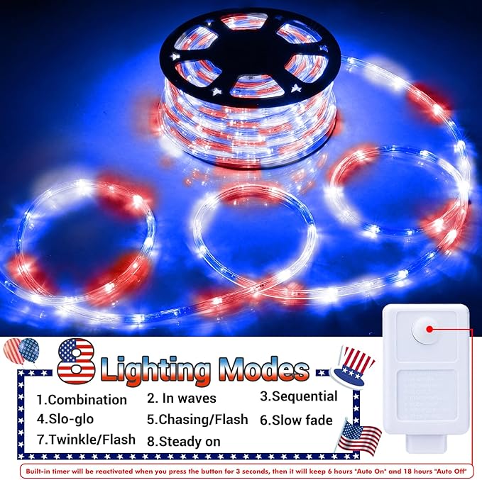 100ft LED Rope Lights Outdoor, 720 LED Connectable & Flexible Tube Lights with 8 Modes, Waterproof LED Rope Lighting for Independence Flag Day, Memorial Day, Outdoor,Indoor Decor (Red & White & Blue)-BloomoryGarden