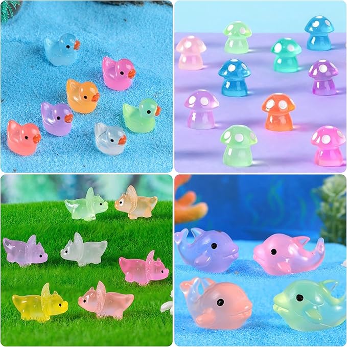 148Pcs Luminous Mini Resin Animals, Tiny Ducks Glow in The Dark Dolphins Dinosaurs Mushrooms 4 Combination Resin Set, Miniature Figures for Garden Decoration Aquarium Home Party Decor-BloomoryGarden