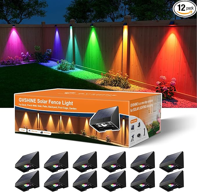 12 Pack Color Changing Solar Powered Fence Lights Outdoor Decorative LED Waterproof Yard Lighting for Outside Wall, Deck, House Patio, Rail, Stair, Backyard, 8 Colorful Modes, Easy 1-Min Installation-BloomoryGarden