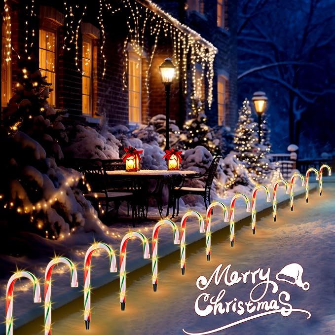 10" Christmas Candy Cane Pathway Lights, Set of 10 Pack Christmas Outdoor Decorations Candy Cane Lights Red & Green-BloomoryGarden