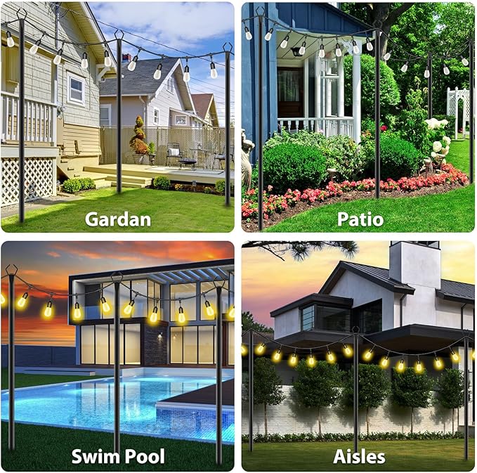 10Ft String Light Poles 4 Pack,Light Poles for Outside Lights,Outdoor with Fence Brackets Hanging Lights,Metal Stand Deck Patio Backyard-BloomoryGarden