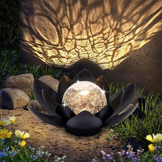 Huaxu Solar Lights Outdoor Garden Decor Metal Black Lotus Decoration, Crackle Globe Glass Waterproof LED Outside Table Lamp for Patio,Lawn, Yard,Walkway,Tabletop,Ground Gifts for Mom