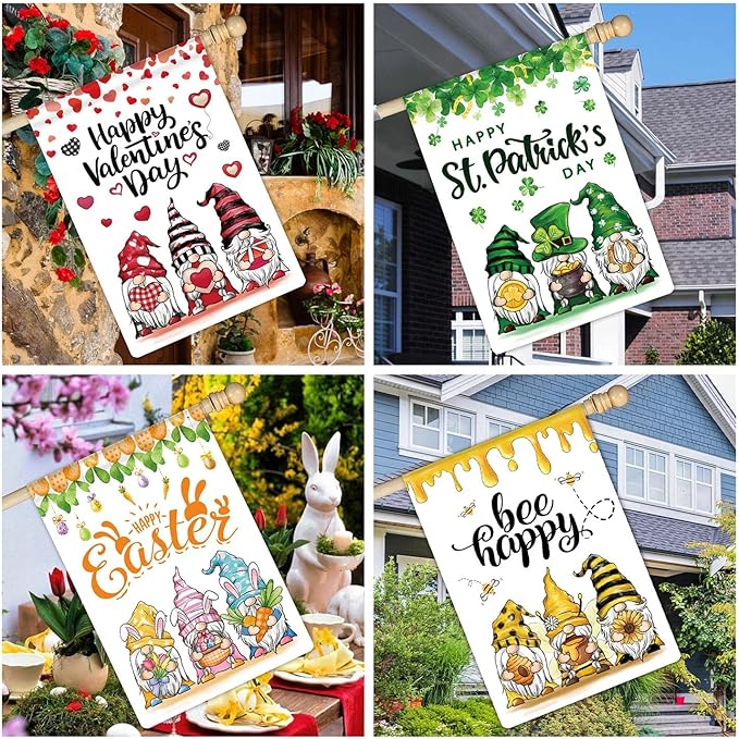 12 Pcs Three Gnomes Seasonal Large Garden Flags Double Sided Seasonal Truck Garden Flags for All Seasons Set of 12 Spring Easter Valentine Halloween Christmas Holiday Yard Decoration, Welcome Outdoor-BloomoryGarden
