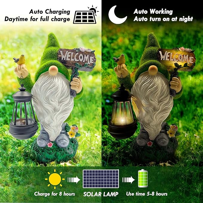 Lovinland Garden Gnome Statue Outdoor Decor Large Flocked Resin Gnome Figurine with Solar Light Holding Lantern Welcome Sign Garden Yard Decorations Dwarf Sculpture for Outside Patio Porch Lawn Decor-BloomoryGarden