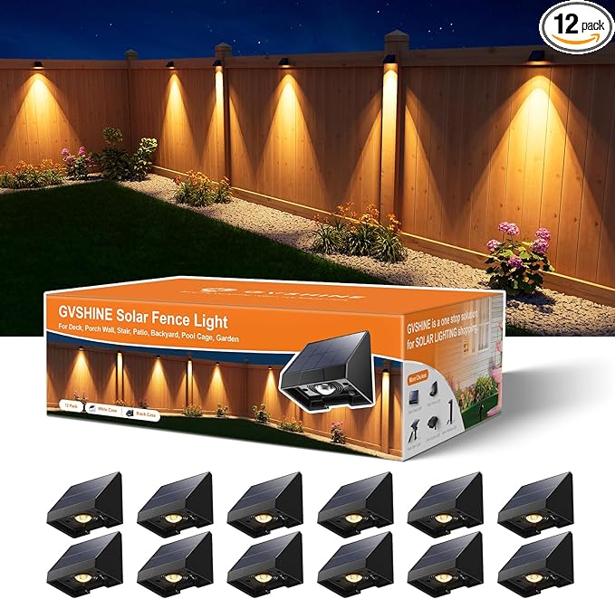 12 Pack Decorative Solar Powered Fence Lights Outdoor Waterproof with Warm White LED Spot Lens, for Outside Wall, Deck, Patio, Yard, Rail, Garage, Pool, Designed for Enhanced Security, Easy Install-BloomoryGarden
