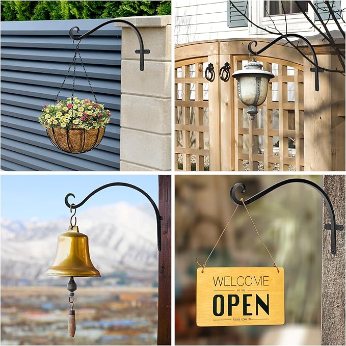 HOOPLE Plant Hangers Outdoor Heavy Duty 2 Pack, Extra Long 12 Inch Cast Iron Hanging Plant Bracket, Metal Black Plant Brackets Hook for Hanging Flower Baskets, Hanging Bracket, Elegant Design