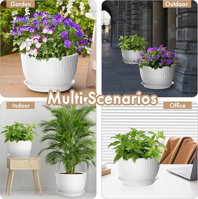 12 Inch Large Plant Pots for Indoor or Outdoor Plants, Wide Water Ripples Flower Pots with Drainage Holes & Saucer, Plastic Planters Set for Garden & Home Decor (White)-BloomoryGarden