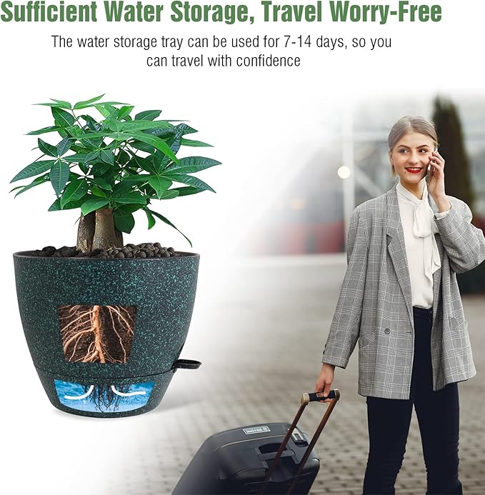 12 inch Large Self Watering Pots, Plastic Planters with 60oZ Removable Deep Reservoir and Multi Mesh Drainage Holes for Indoor Outdoor Garden Plants and Flowers, Black with Green Speckles-BloomoryGarden