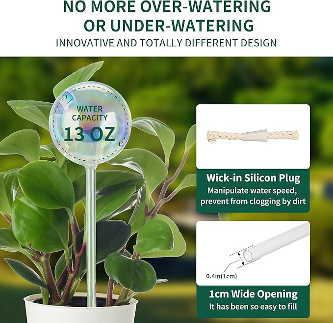13 oz Up to 2 Weeks Extra Large Plant Self Watering Globes, Light Iridescent Glass Water Bulb Indoor Outdoor, Plant Waterer Self-Watering Stakes,Vacation Plant Thing for Plant Parents, 4 Pack-BloomoryGarden