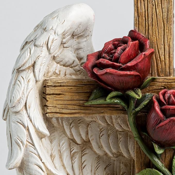 12" Angel Wings Embracing Cross and Rose Garden Statue Memorial Statue for Beloved one-BloomoryGarden