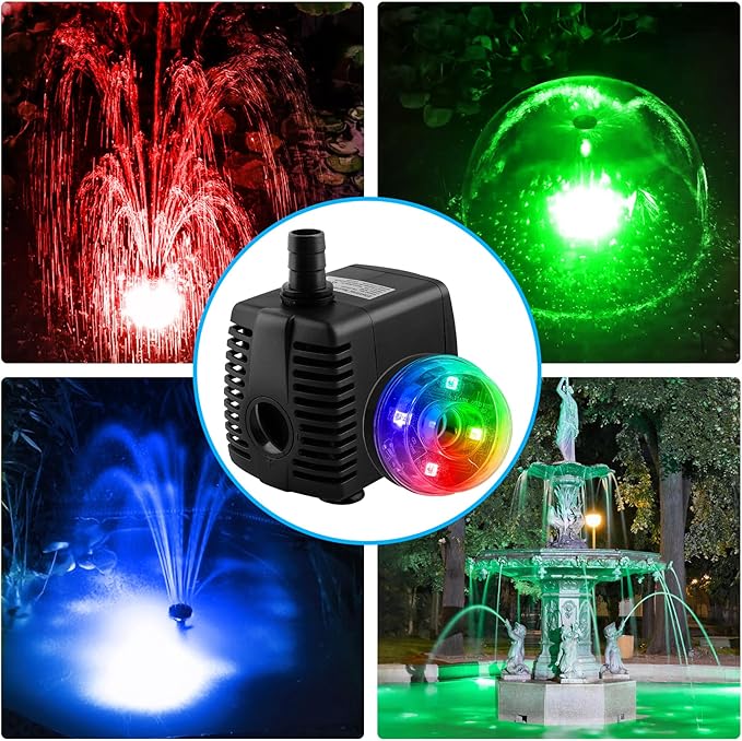 15W 800L/H Submersible Pond Fountain Pump with LED Lights, Ultra Quiet Water Pump, Pond Fountains Pump for Small Pond, Koi, Garden, Aquariums, Fish Tanks, Indoor Outdoor Fountain 3 Type Nozzles-BloomoryGarden