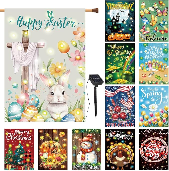 12 Pcs Solar Seasonal LED Garden Flags 28 x 40 Inch Double Sided Yard Flags Spring Easter Halloween Fall Thanksgiving Day Decorations Welcome Garden Flag Lawn Yard Outdoor Holiday Decoration-BloomoryGarden