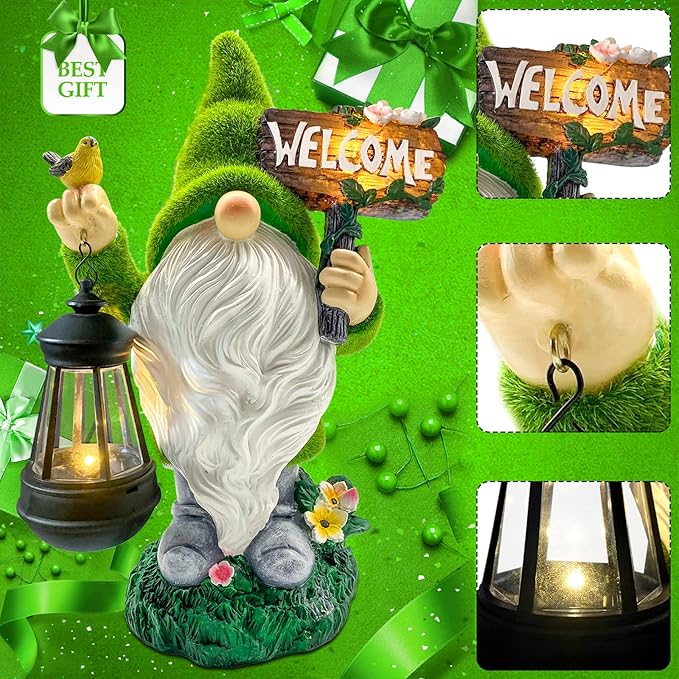 Lovinland Garden Gnome Statue Outdoor Decor Large Flocked Resin Gnome Figurine with Solar Light Holding Lantern Welcome Sign Garden Yard Decorations Dwarf Sculpture for Outside Patio Porch Lawn Decor-BloomoryGarden