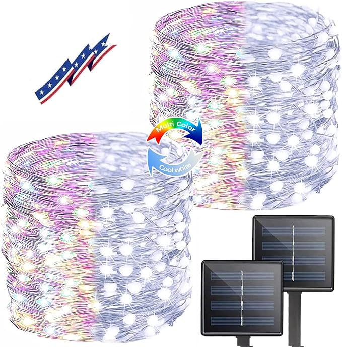 (Cool White ⇋ Multicolor) Solar Christmas String Lights Outdoor, 2-Pack 80FT 200 LED Waterproof Silver Wire, Solar Twinkle Lights with 8 Modes Solar Fairy Light for Tree Garden Wedding Christmas Decor-BloomoryGarden