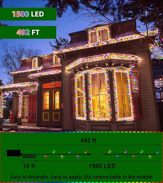 1500 LED Chrstmas String Lights, 492FT Super Long Christmas Lights with 8 Modes, Christmas Tree Lights with Timer Memory for Indoor Outdoor Tree Fence Garden Xmas Wedding Party Decor Multicolor-BloomoryGarden