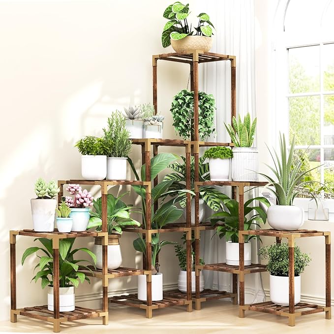 HOMKIRT Corner Plant Stand Indoor Outdoor for Multiple Plants, Large Tall Plant Shelf Rack Table Holder with Hanging Space Flower Stand for Patio Porch Balcony Garden Boho Decor
