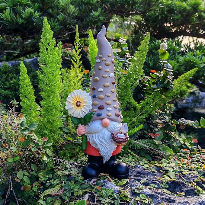12 Inch Solar Garden Gnome Statue Clearance with Sunflower and Bird's Nest Light – Outdoor High Hat Gnome Sculpture Outdoor Statue for Patio and Garden Decor – Figurine Gift for Gnome Lovers-BloomoryGarden