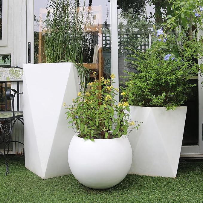 13.5 H x 17" Dia (12" Pot Opening) Round Fiberstone Planter with Drainage Hole, White, Indoor/Outdoor Large Plant Pot for Home Patio Garden, Ideal for Large Plants-BloomoryGarden