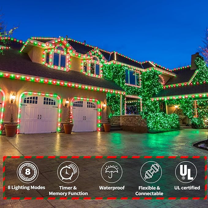 150ft LED Rope Lights Outdoor, 1080 LED Connectable and Flexible Tube Lights with 8 Modes, Waterproof LED Rope Lighting for Garden Patio Pool Bedroom PartyIndoor Outdoor Christmas Decor (Red & Green)-BloomoryGarden