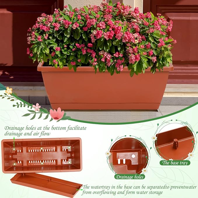 12Pcs 17Inches Rectangle Planter Box with Drainage Holes and Trays Plastic Planters Flower Boxes Pots for Indoor Outdoor Plants Patio Garden Home Decor Porch Yard (Gray)-BloomoryGarden